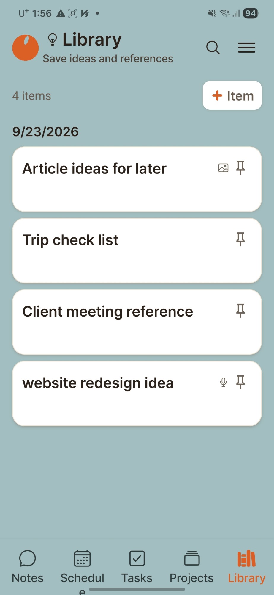 Orange Memo Library screen — a list of ideas and references