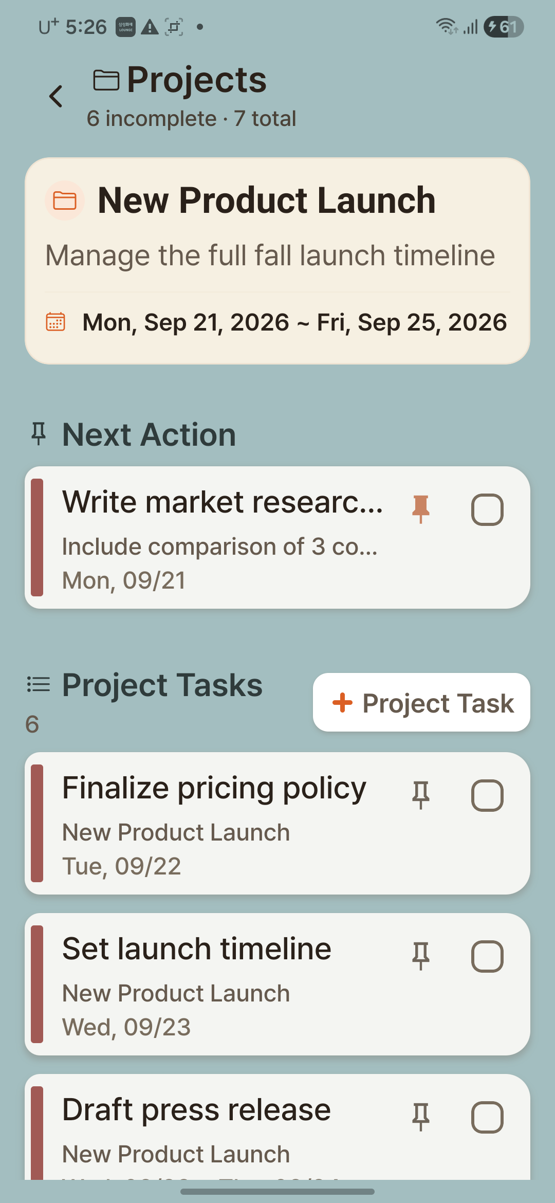 Orange Memo project detail screen — Next Action and Project Tasks list