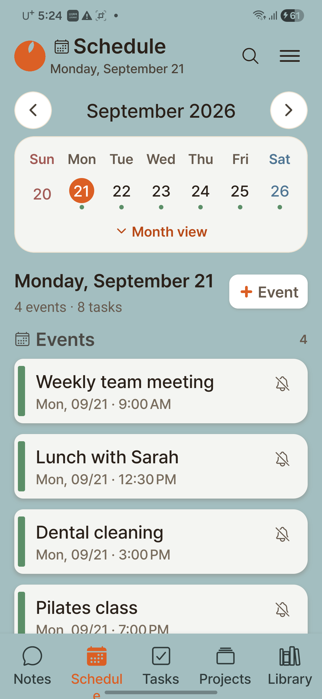 Orange Memo Schedule tab calendar — a month grid with the day's events and task deadlines