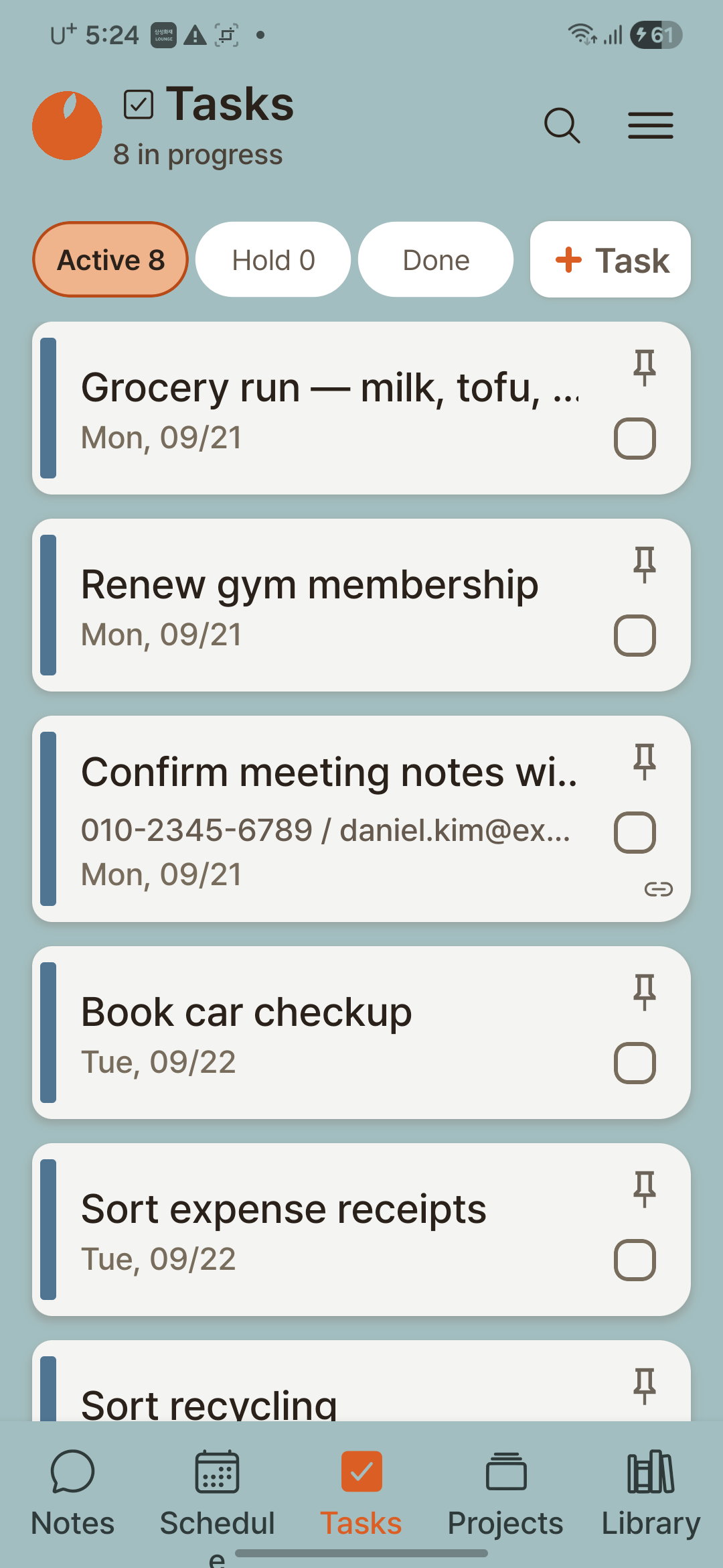 Orange Memo Tasks screen — active, hold, and done filters with a list of task cards